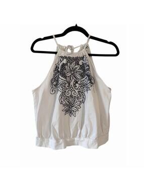 Express Women’s White Halter Top Size L Sleeveless Floral Embroidered